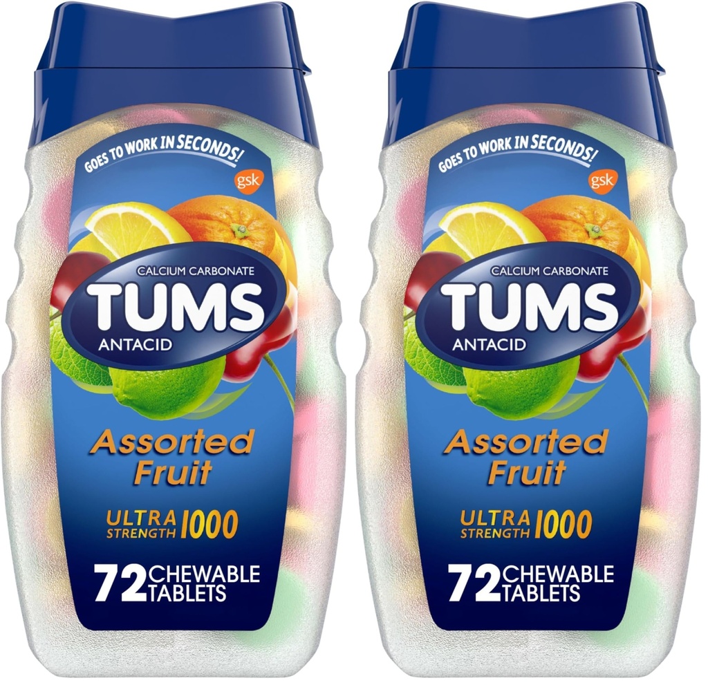 TUMS Ultra Strength Antacid Tablets for Chewable Heartburn Relief and Acid Indigestion Relief, Assorted Fruit - 72 Count (Pack of 2)