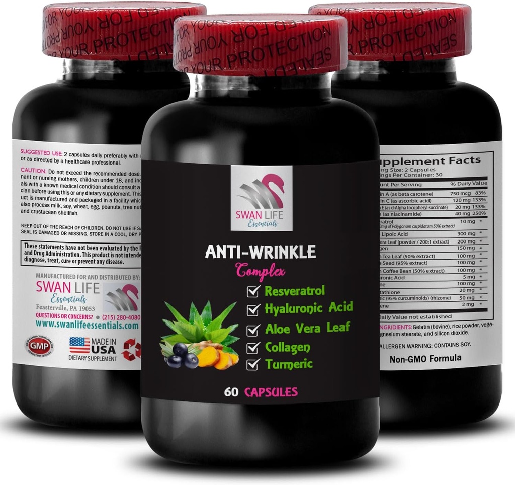 Aloe Vera Leaf Benefits - Anti-Wrinkle Complex - Smooth Complexion, Turmeric Power, Anti-Wrinkle Action, Glycine Support, Beauty Support, Natural Ingredients, Flawless Finish 1 Bottle 60 Capsules