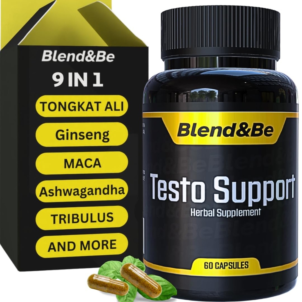 Blend&Be Testo Support | All-in-ONE Herbal Dietary Supplement | Tongkat Ali, Fenugreek, Ginseng, Maca, Ashwagandha, Spirulina Tribulus,Black Seed and Cinnamon.+ ★Free E-Book ★