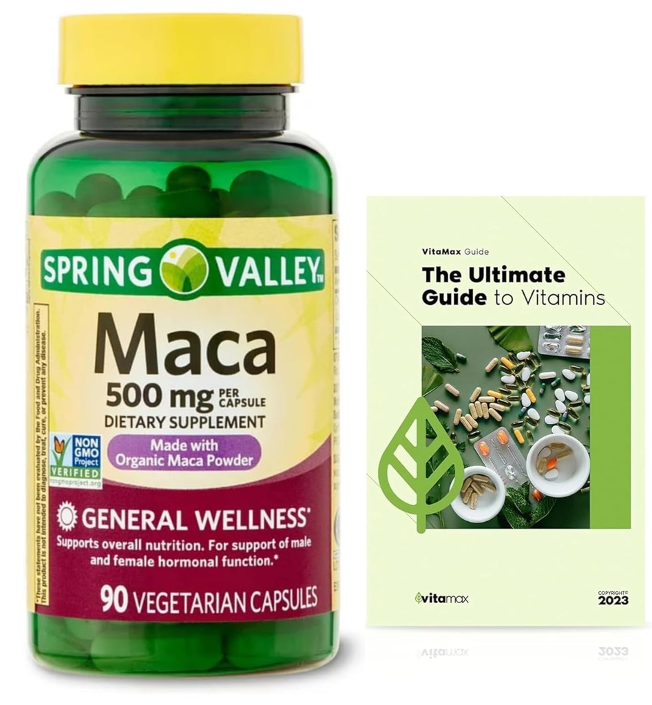 Generic Spring Valley Maca Root 500mg Capsules, Organic Maca Root for Women and Men + Exclusive VitaMax Vitamin Guide (2 Items)