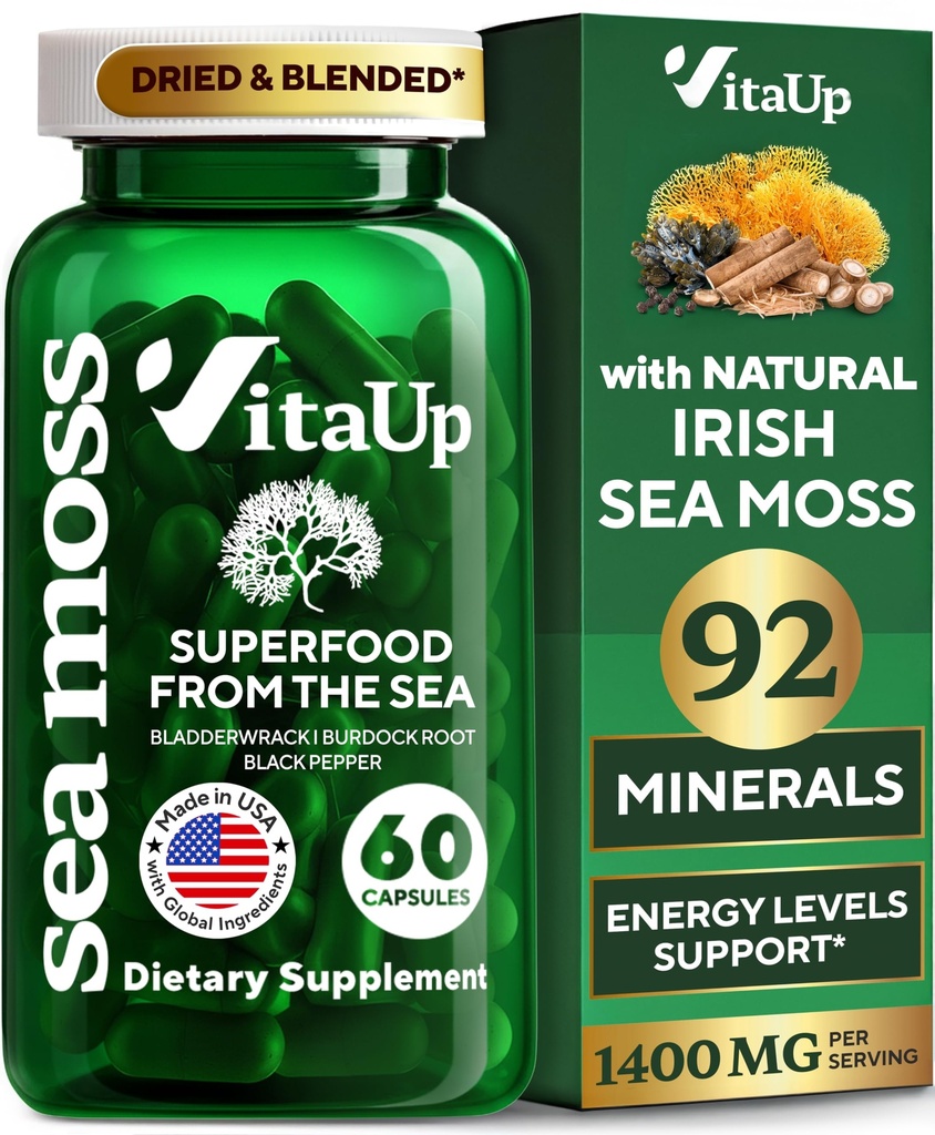 VitaUp Wildcrafted Irish Sea Moss Capsules with Burdock Root & Bladderwrack - USA Made Sea Moss Advanced for Hair, Skin, Immune & Energy Levels Support - SeaMoss Pills - 60 Vegan Capsules