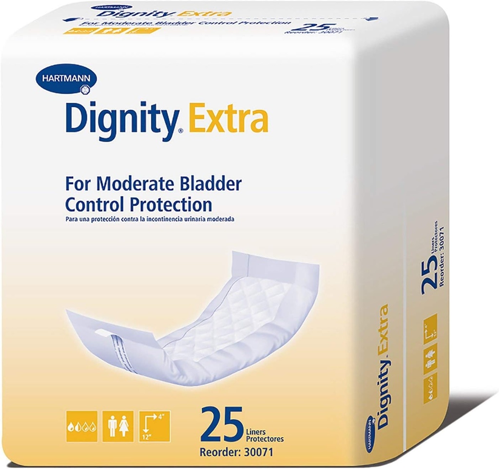 Dignity Extra Incontinence Liner for Men and Women - Bladder Leak Pads, Moderate Absorbency - One Size Fits Most, 4 in x 12 in, 25 Count, 1 Pack