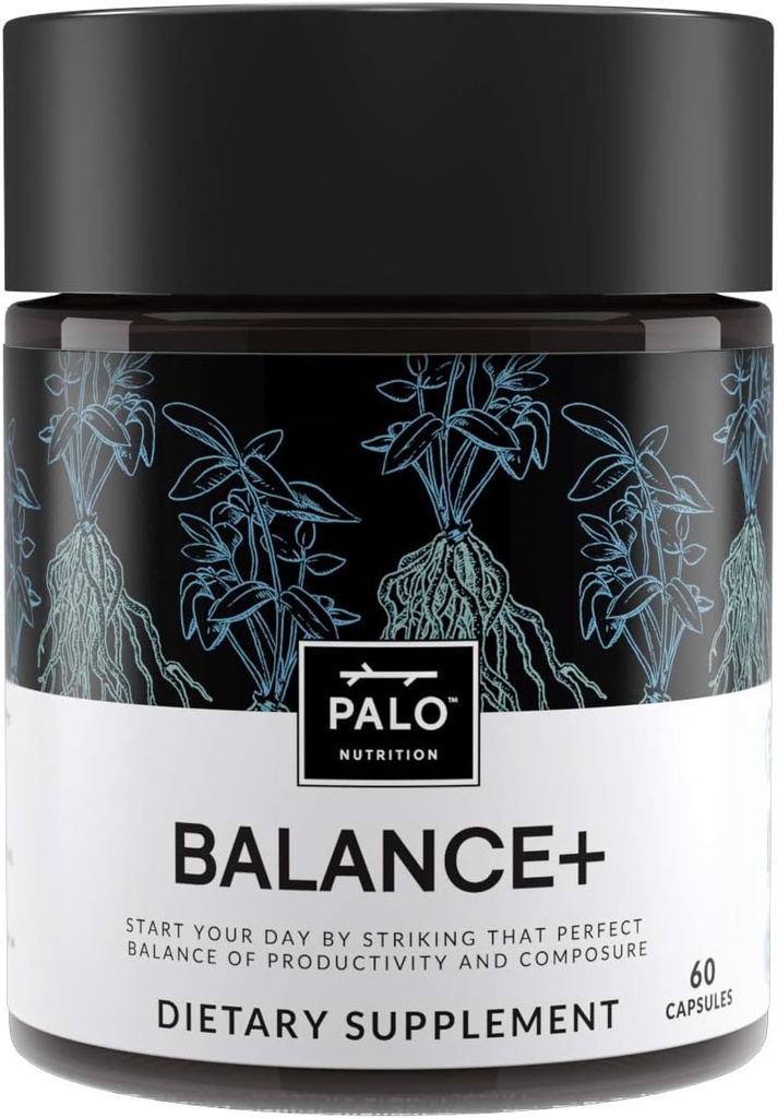 PALO Balance+ Mood Support Supplement with Adaptogens | Helps Calm The Mind & Body, Stress Relief Energy Supplements | 100% Plant-Based | Ashwagandha, Astragalus, Rhodiola, Green Tea, 60 Capsules
