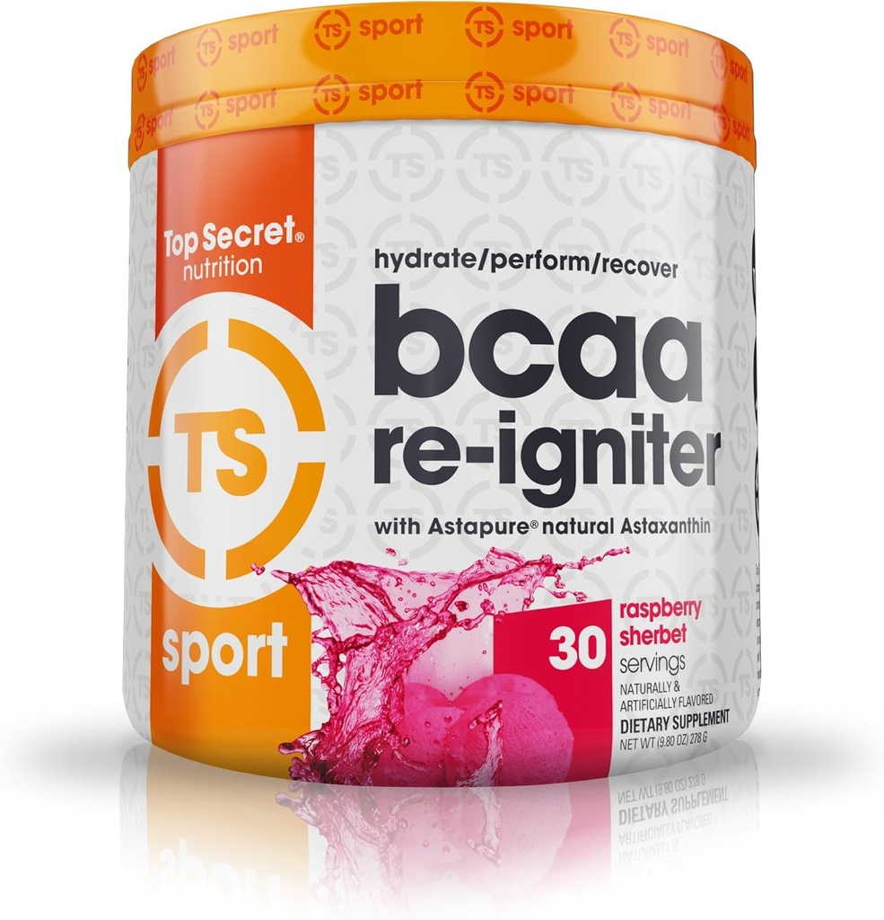 Top Secret Nutrition BCAA Re-Igniter Vegan Amino Acid Supplement with Astaxanthin and Electrolyte, Hydration Blend with Coconut water, 9.80 oz (30 servings), Raspberry Sherbet
