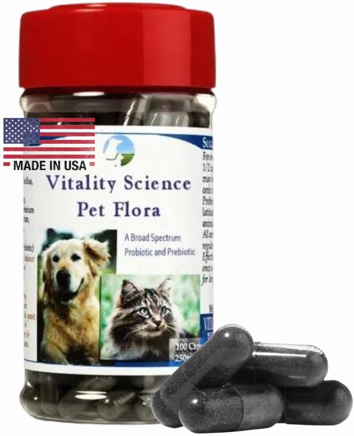Vitality Science Pet Flora – Natural Probiotics for Cats & Dogs | Digestive Support Supplement | Cat Constipation & Dog Gas Relief | Daily Gut Health Probiotic (250 Capsules)