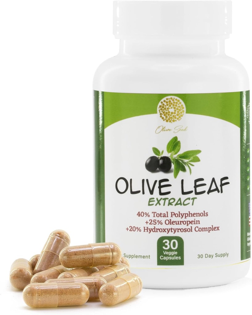 Olive Leaf Extract - 500mg - Supplement Standardized to 25% Oleuropein - 20% Hydroxytyrosol - 40% Polyphenols - Non-GMO + Gluten Free + Dairy Free + Soy Free + Vegan (30 Capsules)