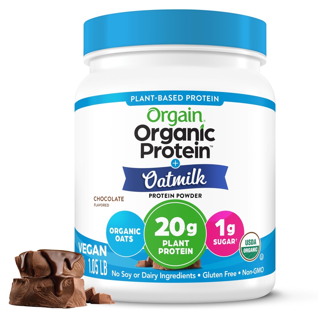 Orgain Organic Vegan Protein Powder + Oat Milk, Chocolate - 20g Plant Based Protein, Gluten Free, No Dairy, Soy or Lactose Ingredients, Low Sugar, Non-GMO, Kosher, For Shakes & Smoothies - 1.05lb