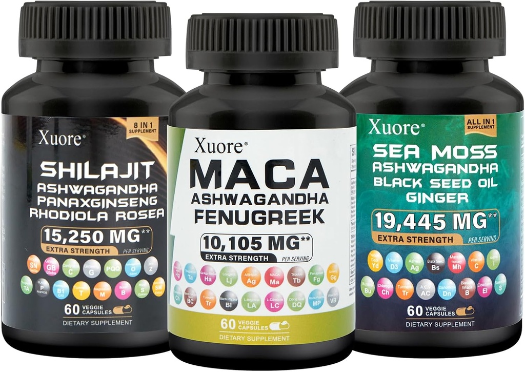 Bundle of Sea Moss,Shilajit,Maca, Black Seed Oil, Ashwagandha, Ginger, Shilajit, Rhodiola Rosea, Panax Ginseng, Maca Root, Fenugreek, Trifibranol100X,All in one Supplements (1 Pack)