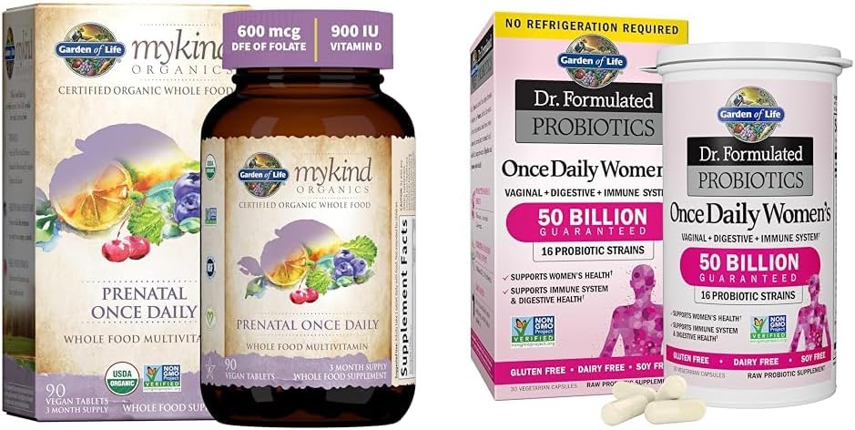 Garden of Life Organics Prenatal Vitamin: Folate for Energy & Healthy Fetal Development &, Dr. Formulated Women's Probiotics Once Daily, 16 Strains, 50 Billion, 30 Capsules
