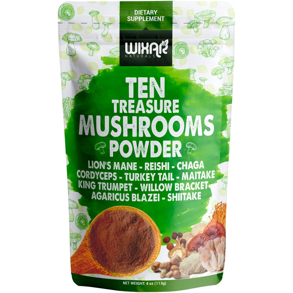 Wixar Mushroom Powder - Ten Treasure Mushrooms Extract Supplement Blend for Coffee & Smoothies - Lions Mane, Turkey Tail, Reishi, Chaga, Shiitake, Cordyceps, Complex - 4oz Mushroom Supplement