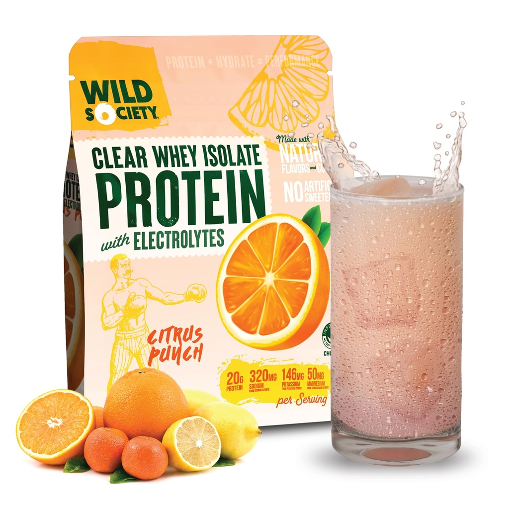 WILD SOCIETY - Clear Protein Powder + Electrolytes - 20g Clear Whey Protein Isolate Drink - Zero Sugar - 0g Lactose - Natural Flavors & Colors - Muscle Post Workout Recovery - Citrus Punch, 16 oz