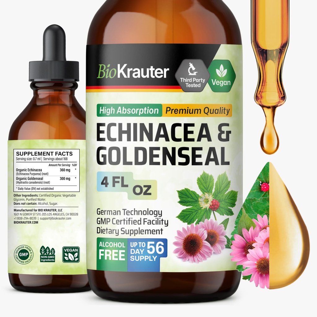 BIO KRAUTER® Echinacea Goldenseal for Immune & Respiratory Support - Pure Vegan Echinacea Drops with Goldenseal - Natural Respiratory Supplements 4 Fl.Oz 56-Day Supply - Alcohol & Sugar Free