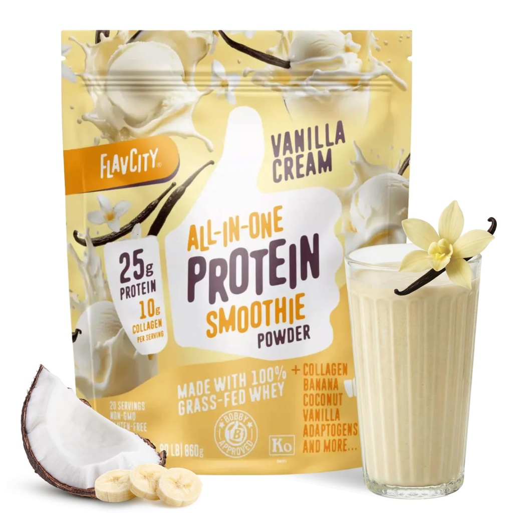 FlavCity Vanilla All in One Protein Shake Powder - On the Go Meal Alternative + Collagen Peptides, Reishi & Cordyceps - Focus, Skin, Hair & Joint Support - 100% Grass Fed Whey, 20 Servings