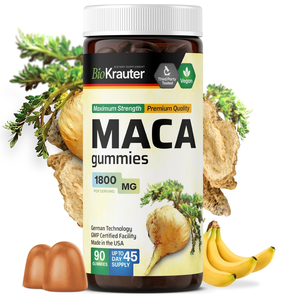 BIO KRAUTER Maca Root for Women and Men - Black, Red & Yellow Maca Supplement 1800 mg for Drive, Performance & Energy Support - 90 Gummies, 45-Day Supply, Non-GMO, Banana Flavor