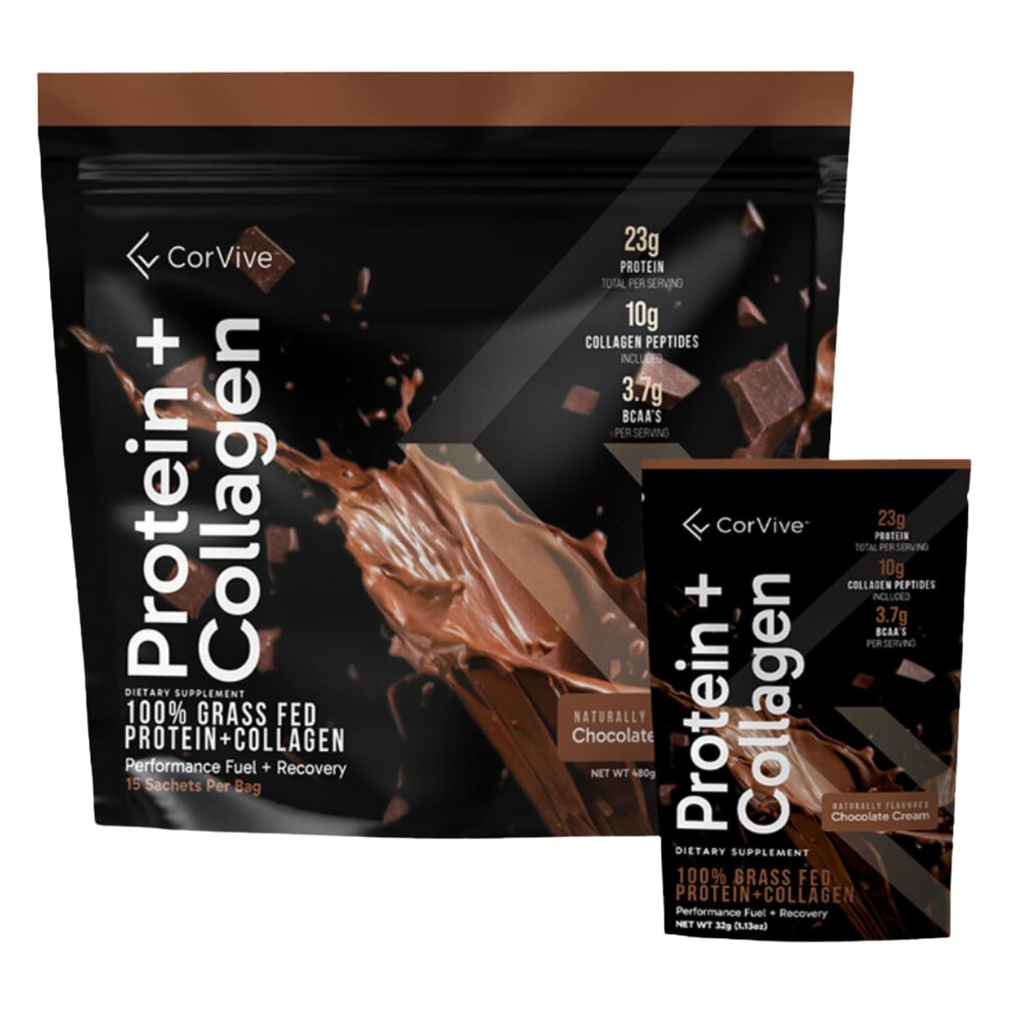 CorVive Protein + Collagen Powder | 23g Protein (Grass-Fed Whey + Collagen) | 3.7g BCAAs | Supports Muscle & Joint Health | Gluten & Soy Free | No Artificial Ingredients | 15 Sachets - Chocolate