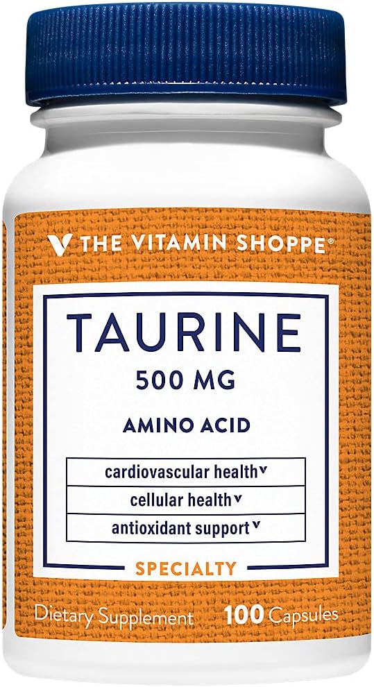 The Vitamin Shoppe Taurine 500MG, A Free Form Amino Acid, Antioxidant That Supports Cellular and Cardiovascular Health with Vitamin B6, Brain and Memory Support (100 Capsules)
