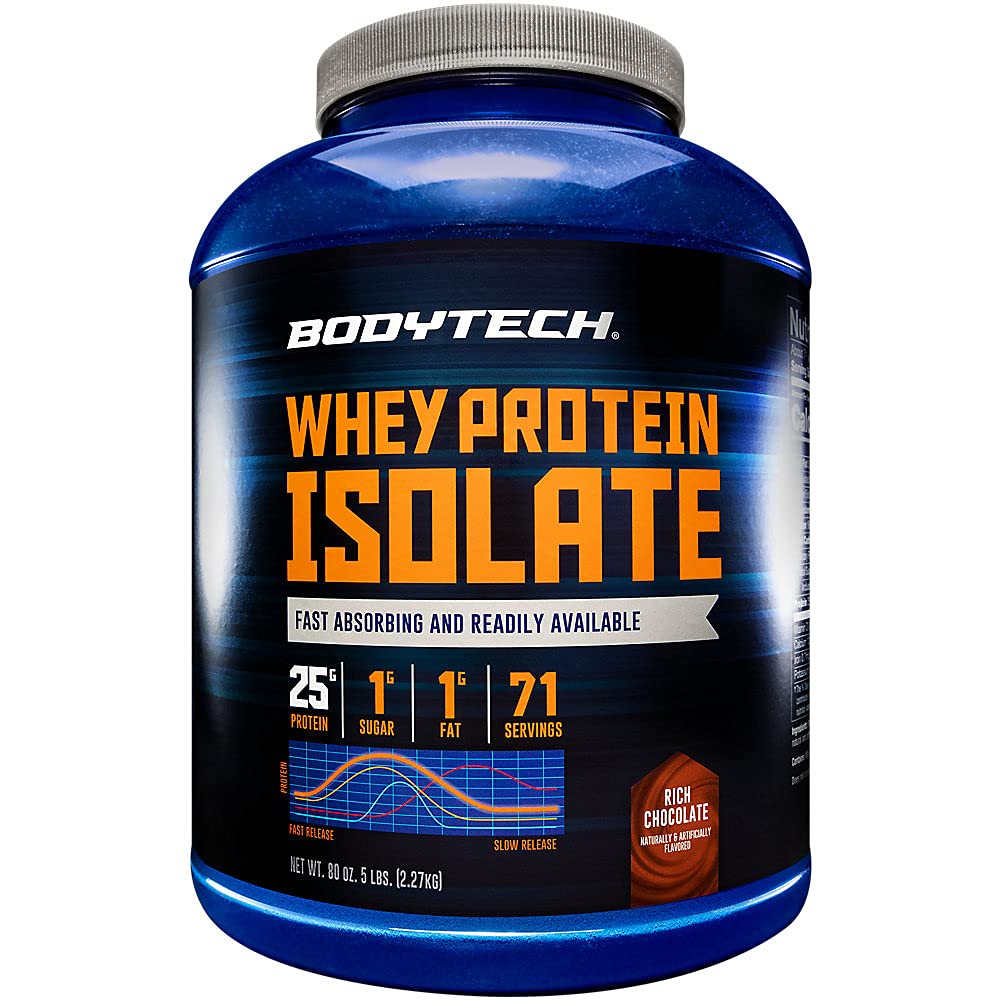 BodyTech Whey Protein Isolate Powder, Rich Chocolate Flavor, 25g Protein per Serving, High Concentrated Protein Powder with Amino Acids & BCAAs for Men and Women, Gluten Free, 5 lb, 71 Servings