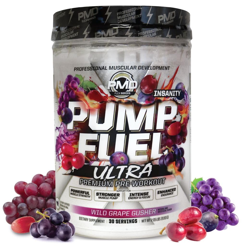 PMD Sports Pump Fuel Ultra Insanity - Premium Pre Workout Powder & Muscle Pump, Greater Focus, Endurance & Recovery, Premium Creatine, Arginine & Beta Alanine - Wild Grape Gusher (30 Servings)