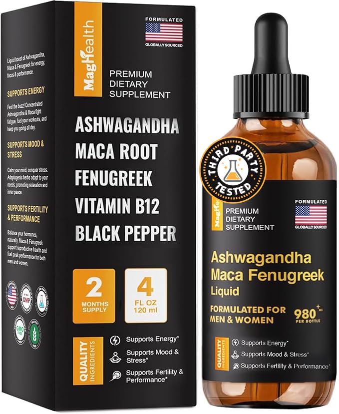 Maca Root Liquid Drops with Ashwagandha and Fenugreek — Organic Adaptogen Blend for Women & Men — Natural Energy, Mood & Hormone Support — 60 Day Supply — Vegan, Non-GMO
