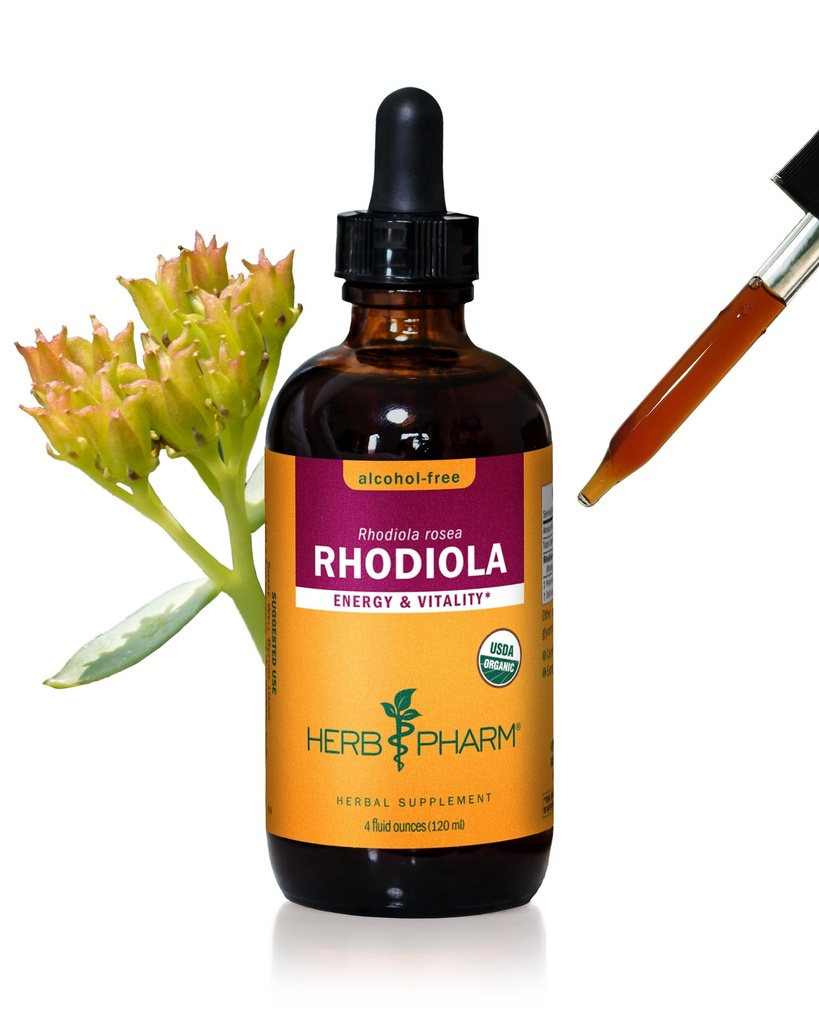 Herb Pharm Certified Organic Rhodiola Root Extract Drops for Energy, Endurance and Stamina, Alcohol-Free Glycerite, 4 Oz