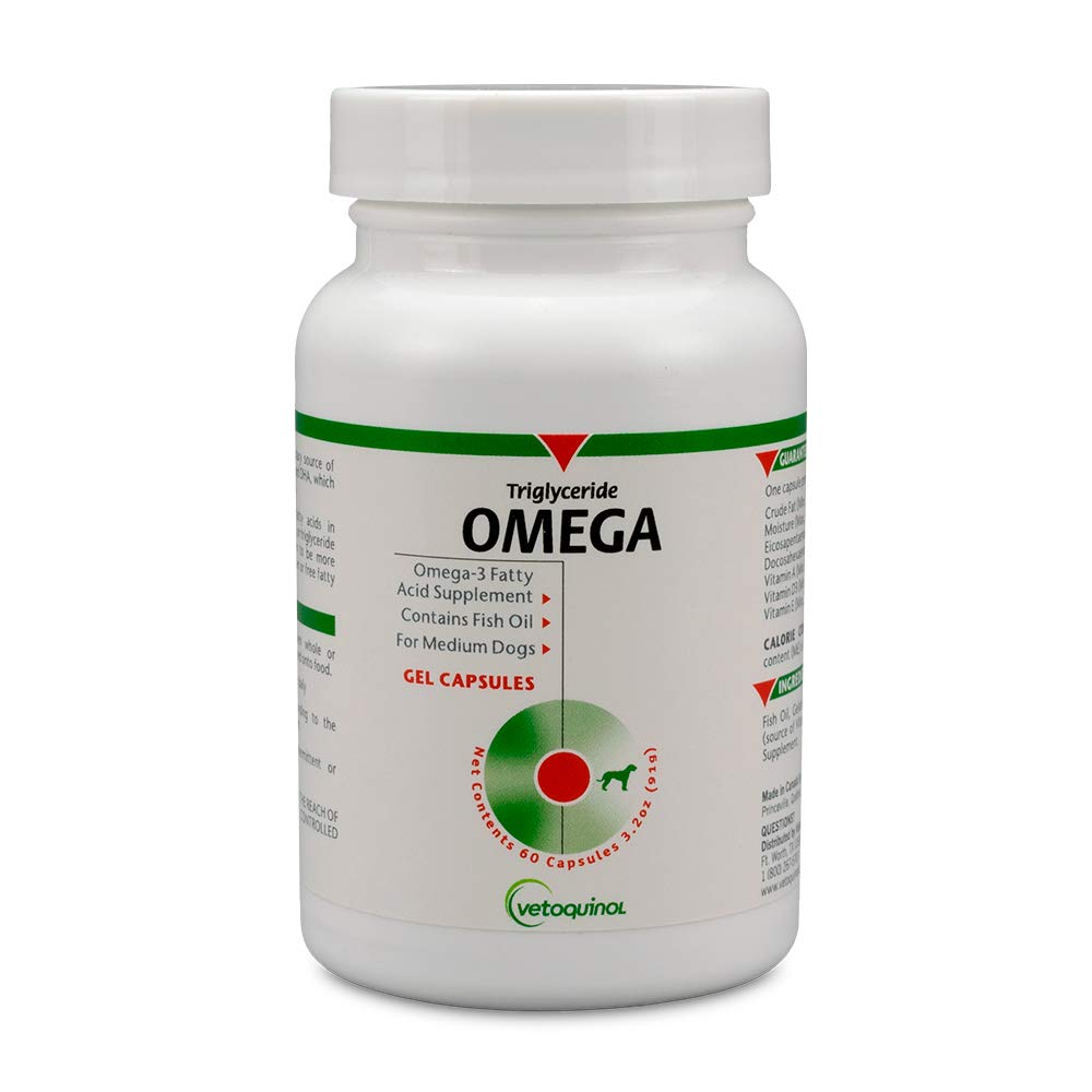 Vetoquinol Triglyceride OMEGA - Fish Oil for Dogs & Cats - Supports Healthy Skin, Coat & Normal Immune Response - Supplement with Vitamin Blend for Heart, Eye, Bone & Muscle Support - 60 Capsules