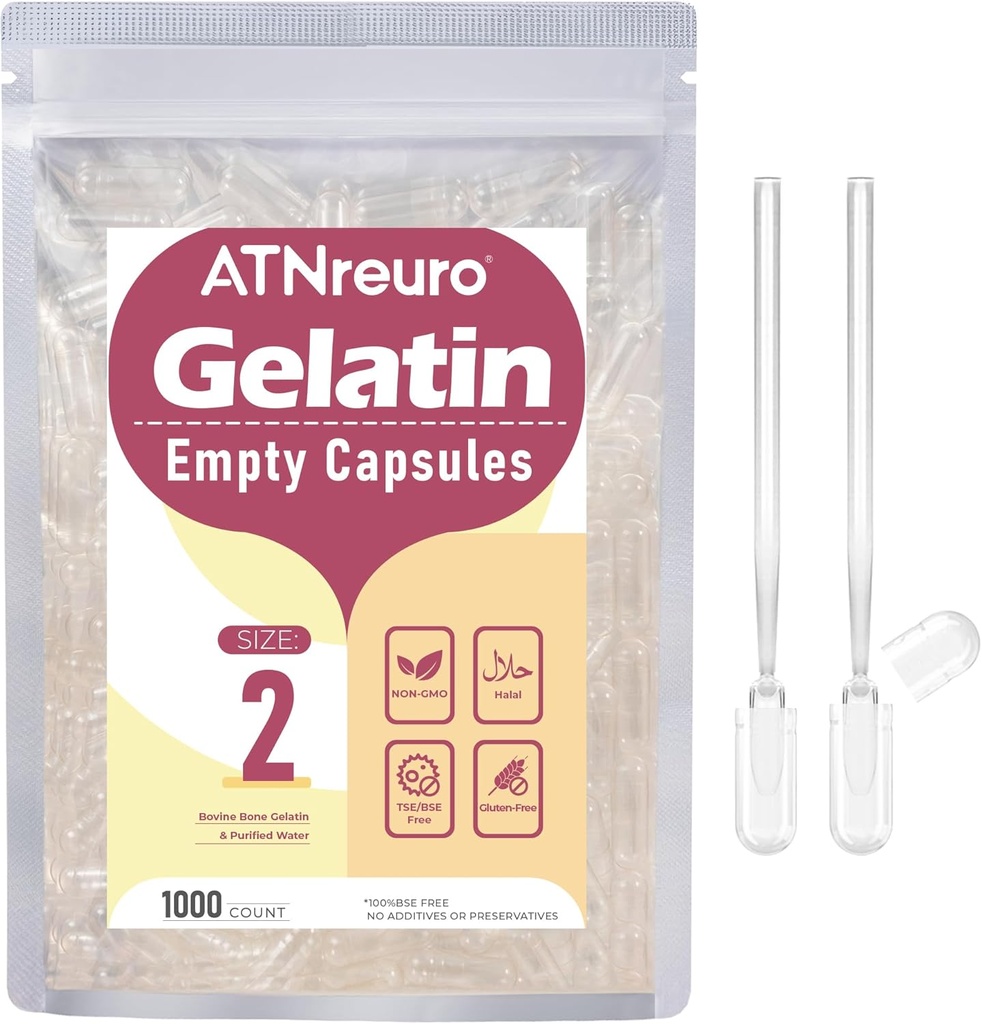 Size 2 Empty Gelatin Capsules with 2 Micro Spoons - 1000 Count Empty Clear Capsule - Gel Pill Capsules for Powders Supplements