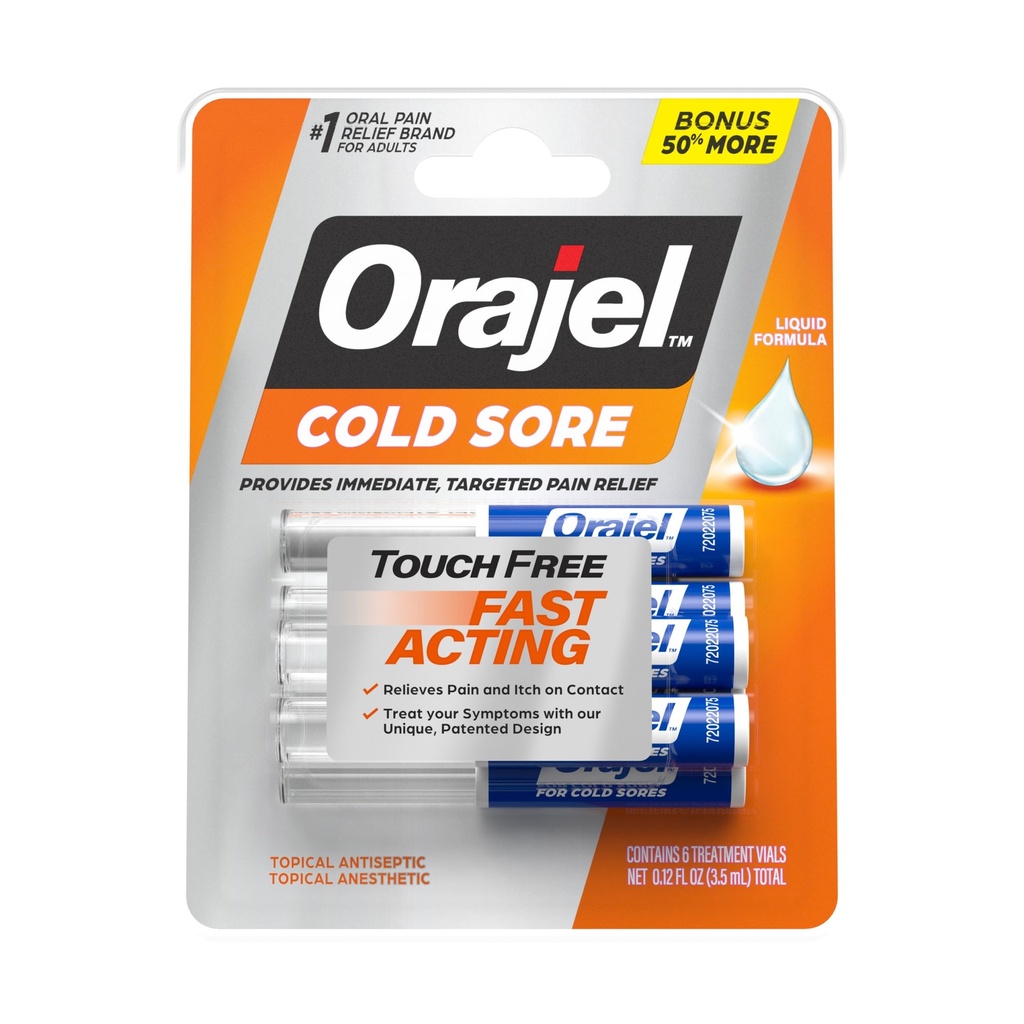 Orajel Touch Free Cold Sore Treatment .12oz, Liquid Formula, Provides Immediate & Targeted Pain Relief, Bonus Size, 6 Applicators.