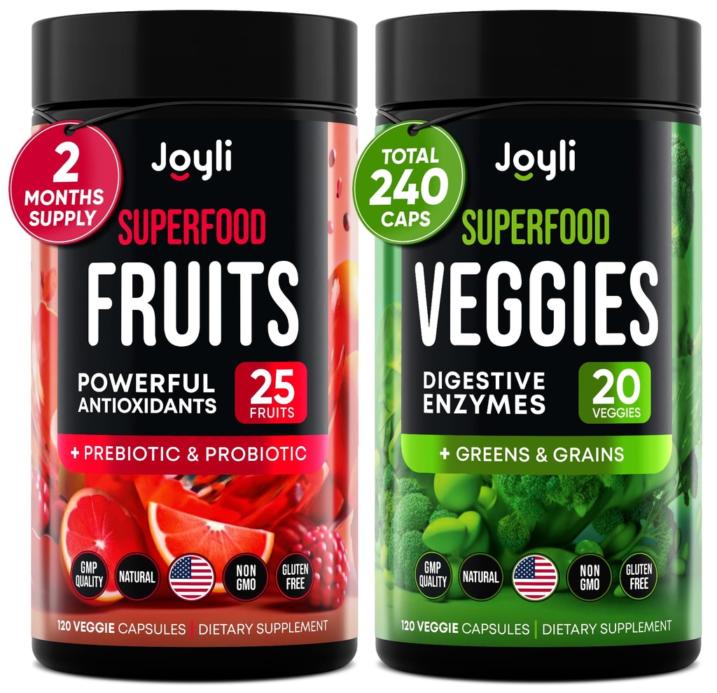 Fruits and Veggies Supplement - High Fiber Supplement for Immunity, Gut & Energy - Super Reds & Super Greens Supplements with Marshmallow Root - 240 Reds and Super Greens Powder Superfood Capsules