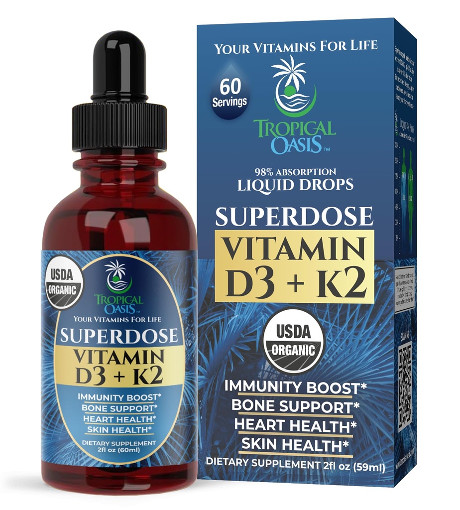 USDA Organic Liquid Vitamin D3 K2 Drops for Adults | Superdose 8000IU Pure Vitamin D3 | 60 Serv | Vitamin D K2 Supplement for Immune Support & Bone Health | 98% Absorption | Vegan, Non-GMO | 2 Fl Oz
