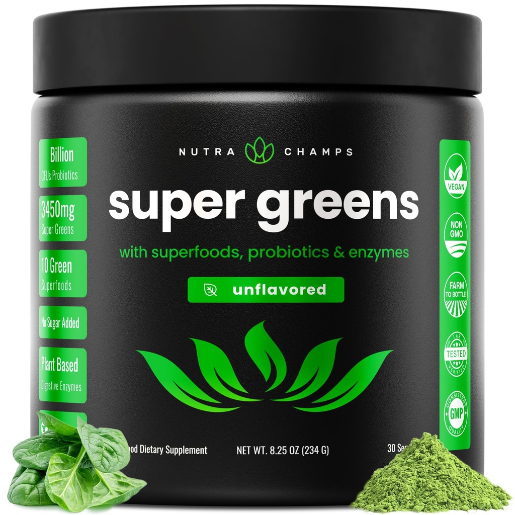 NutraChamps Super Greens Powder Premium Superfood | 20+ Organic Green Veggie Whole Foods | Wheat Grass, Spirulina, Chlorella | Antioxidant, Digestive Enzyme & Probiotic Blends (9.0 Oz, Unflavored)