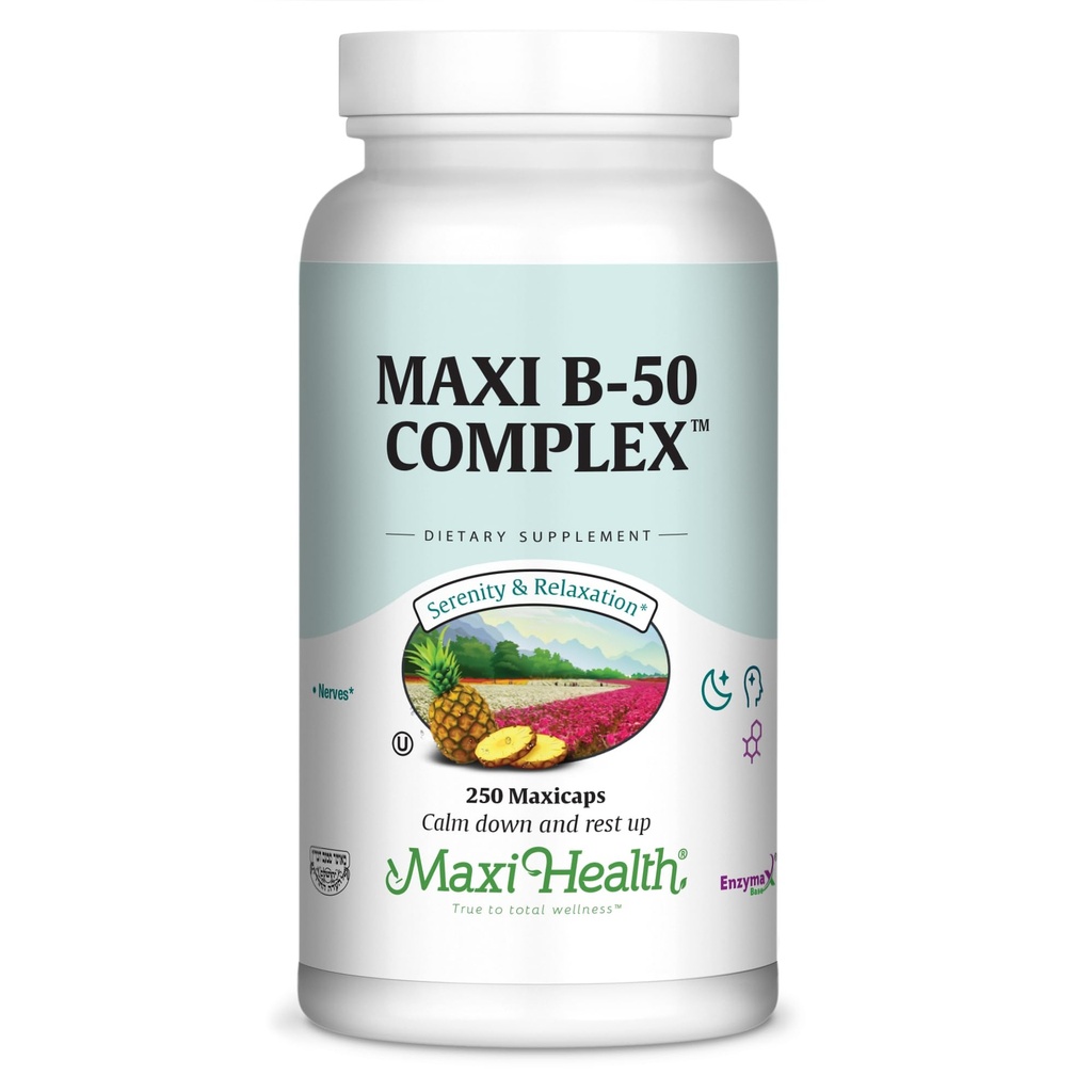 Maxi Health Stress Relief Vitamin B Complex for Women and Men, Vitamin B6, B12, Biotin, Inositol, Folate, Vegan, Gluten & Soy & Milk Free, Kosher, Unflavored, 250 Count