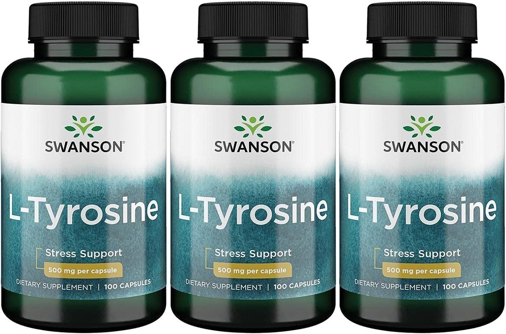 Swanson L-Tyrosine - Amino Acid Supplement Promoting Stress Support, Cognitive Function - Helps Support Overall Brain Health - (100 Capsules, 500mg Each) 3 Pack