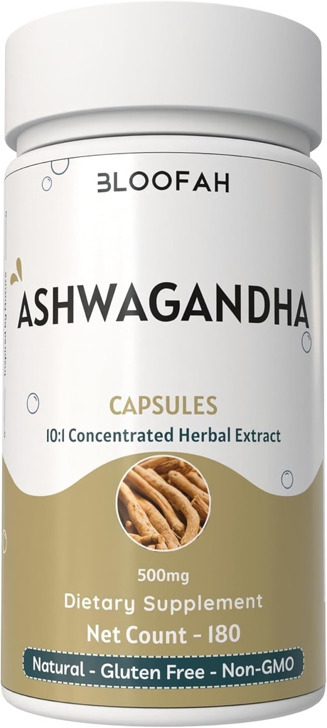 Ashwagandha Capsules 500mg | Withania somnifera Concentrated10:1 Extract Powder | Natural, Non-GMO, Gluten-Free Herbal Suppleemnt Traditional Botanical Formula (180 Count (Pack of 1))