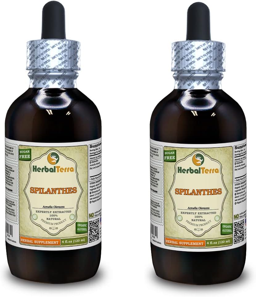 Spilanthes (Acmella oleracea) Tincture, Organic Dried Leaves, Flowers and Stems Liquid Extract (Brand Name: HerbalTerra, Proudly Made in USA) 2x4 fl.oz (2x120 ml)