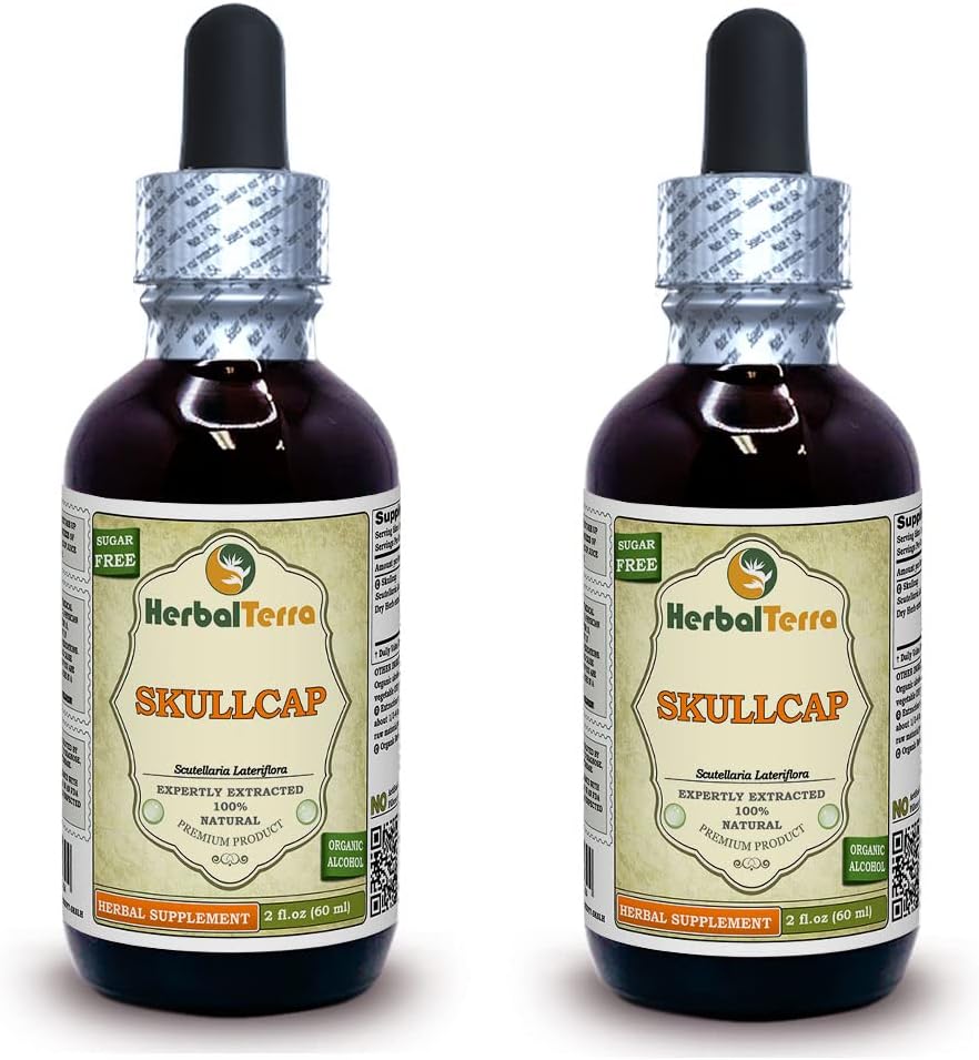 Skullcap (Scutellaria Lateriflora) Tincture, Organic Dried Herb Liquid Extract (Brand Name: HerbalTerra, Proudly Made in USA) 2x2 fl.oz (2x60 ml)