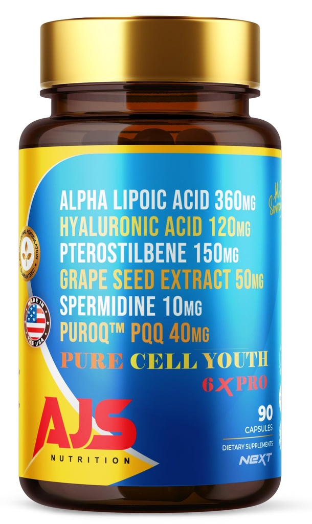 AJS Pure Cell Youth 6X PRO, 90 Capsules -PQQ 40mg, R-Lipoic Acid 360mg, Sodium Hyaluronate 120mg, Pterostilbene 150mg, Grape Seed Extract 50mg, Spermidine 10mg