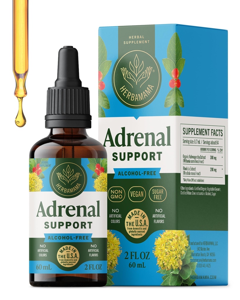 HERBAMAMA Adrenal Support Liquid Drops - Vegan Adrenal Tincture with Ashwagandha Root & Rhodiola Rosea Extract - Non-GMO, Alcohol & Sugar-Free Supplement - 28-Day Supply