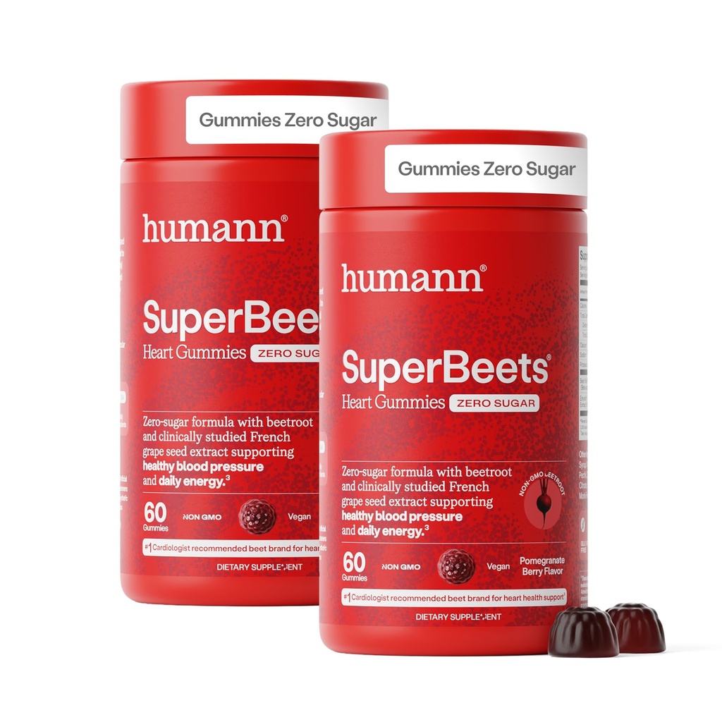 Humann SuperBeets Heart Gummies - Beet Gummy with Heart-Healthy Energy Support, Grape Seed Extract & Beetroot Powder, Zero Sugar - Pomegranate Berry Flavor, 120 Count