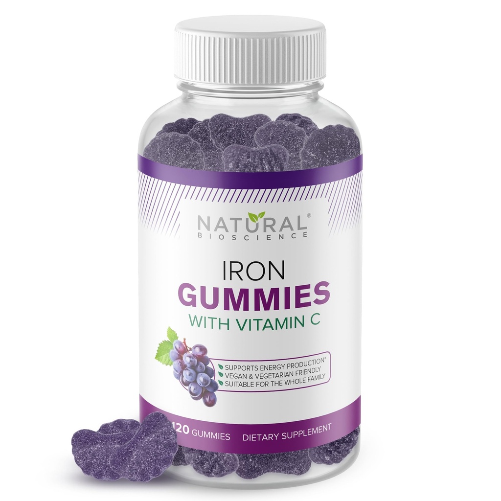 Iron Gummies with Vitamin C - Iron Deficiency Anemia Supplement for Adults & Kids, Chewable, Red Blood Cell Support, Energy, Immune Function, Brain Health, Max Absorption, 120 Vegan Gummies