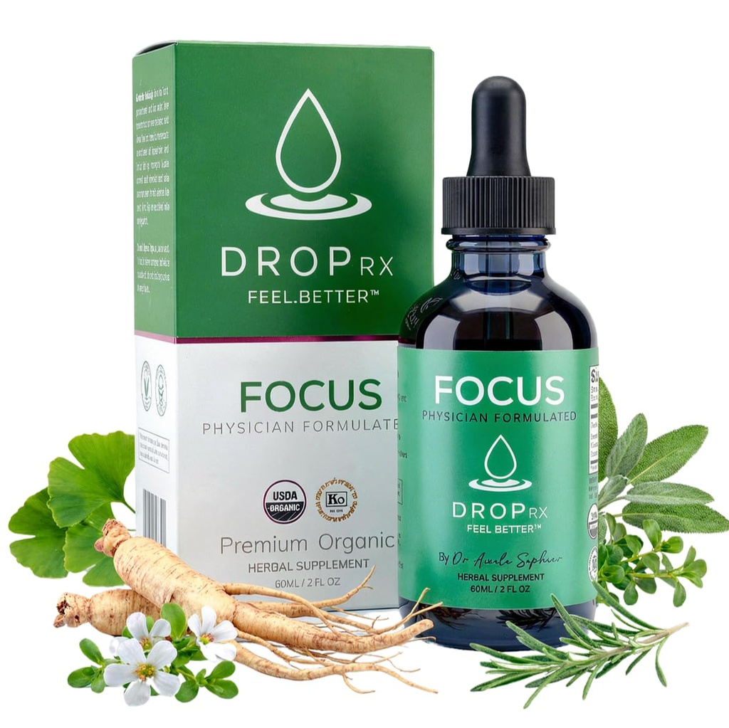 DropRx Focus - Organic Focus Supplement for Brain Health & Memory - Ginseng, Ginkgo, Bacopa, Rosemary, Sage - Cortisol Drops, Adrenal Support, Tincture Herbs for Brain Fog, Clarity, Attention (2fl.oz)
