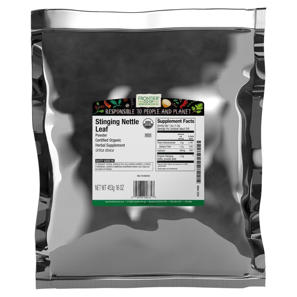 Frontier Co-op Organic Ground Stinging Nettle Leaf, Dried Nettle Leaf Powder, Kosher | 16 Ounce (Pack of 1)
