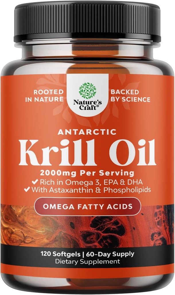 Antarctic Krill Oil 2000mg Softgels Per Serving - Omega 3 Krill Oil Supplement with EPA DHA & Astaxanthin - 3rd Party Lab Tested No Gluten GMOs or Fishy Aftertaste - 2 Months