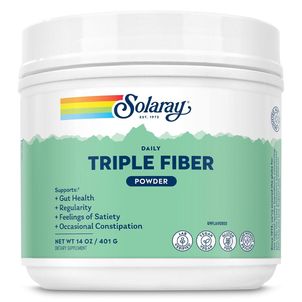 SOLARAY Triple Fiber Powder - Daily Fiber Supplement for Women and Men w/Prebiotics - Gut Health, Occasional Constipation, Digestive Health Support, Unflavored, Vegan, Gluten Free, 30 Servings, 14oz