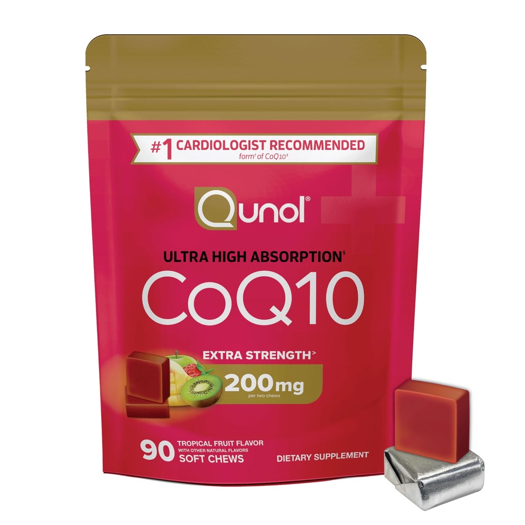 Qunol CoQ10 200mg Soft Chews, Extra Strength & Ultra High Absorption Coenzyme Q10 Supplement, #1 Cardiologist Recommended Supplement for Heart Health, 90 Count