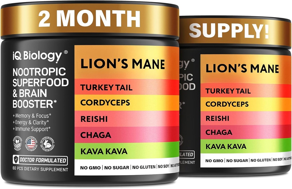 Kava Kava Root Cordyceps Lions Mane Reishi Mushroom Supplement, Nootropic Mushrooms Capsules Kava Kava Extract, Mushroom Vitamins for Women, Energy Mushrooms, Ashwagandha, Magnesium - 60 Caps (2 Pack)