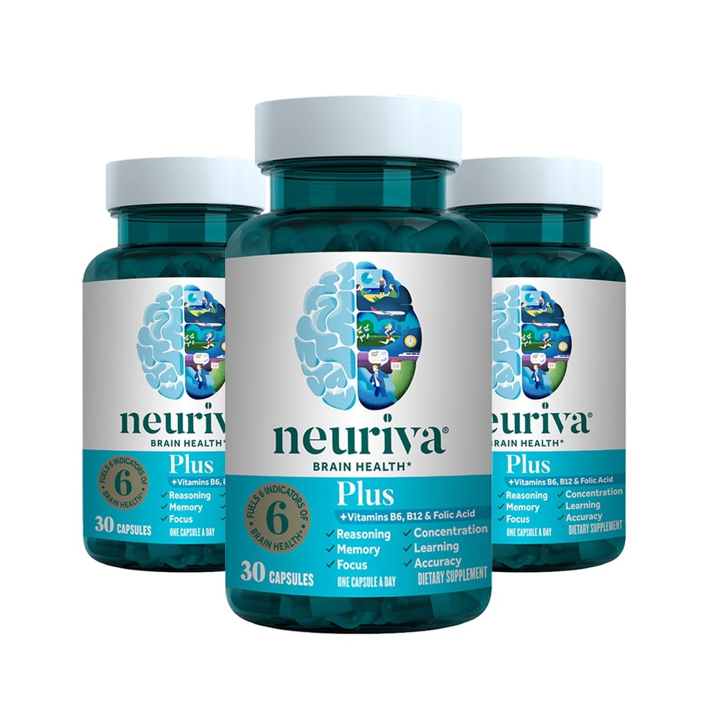 NEURIVA Plus Brain Supplement for Memory, Focus & Concentration + Cognitive Function with Clinically Tested Nootropics Phosphatidylserine and Neurofactor, VIT B6 & B12, 30 Count Capsules (3 Pack)