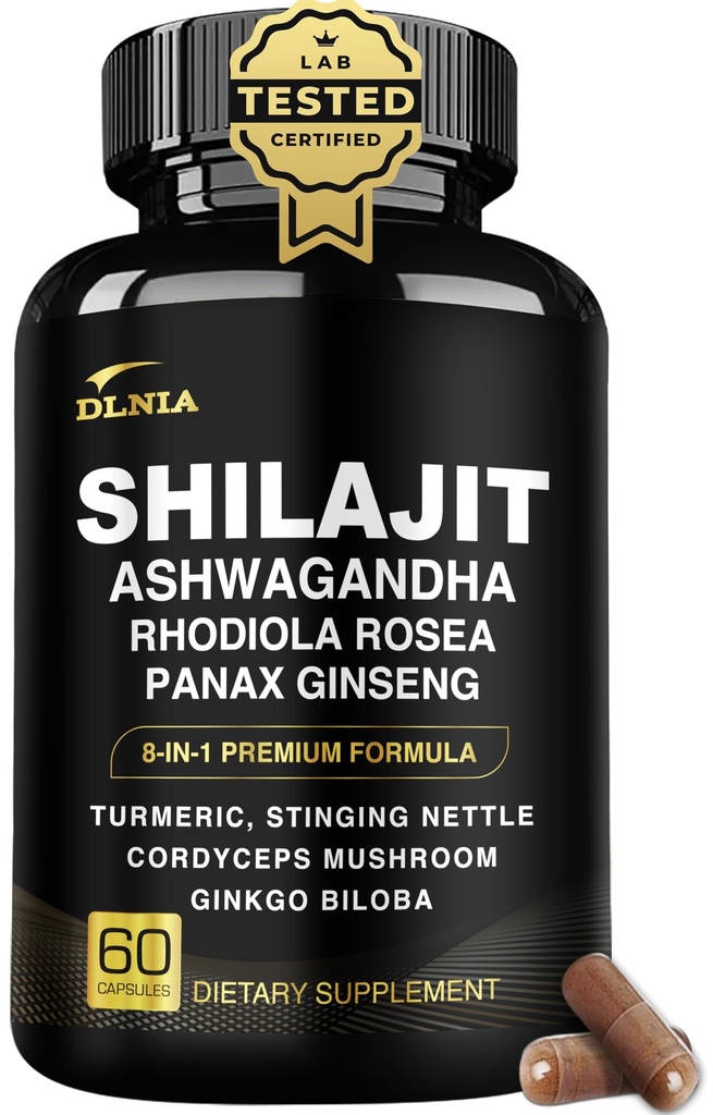 DLNIA 8-in-1 Shilajit for Men & Women with Ashwaganda Himalayan Organic Supplement with Rhodiola Rosea, Ginseng, Turmeric, Mushroom, for Immune Support, Energy, Calm, Focus, Clarity, Sleep, Cortisol
