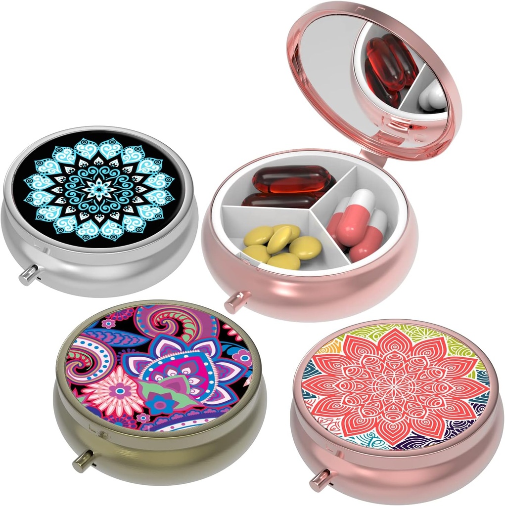 Small Pill Box,Pill Case for Purse&Pocket,3 Compartments Travel Pill Case Medication Organizer Storage for Vitamins, Pills, Fish Oil and Earrings, Studs,Round Silver Bronze Rose Gold