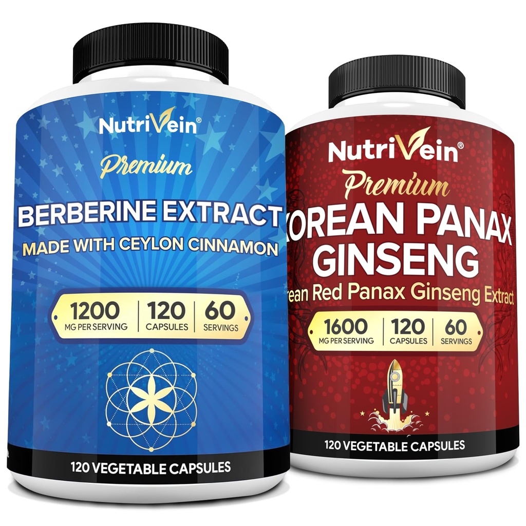 Nutrivein Premium Korean Panax Ginseng Supplement & Berberine Supplements Bundle: High-Absorption Berberine Complex & Genuine Red Ginseng Bundle for Daily Clarity, Vitality, & Wellness