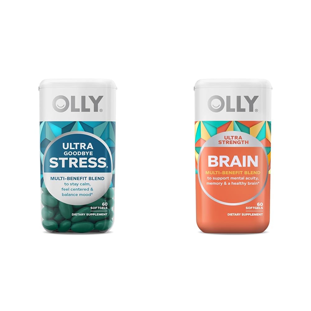 OLLY Ultra Strength Goodbye Stress Softgels, GABA, Ashwagandha, L-Theanine and Lemon Balm & Ultra Strength Brain Softgels, Nootropic, Supports Healthy Brain Function, Memory